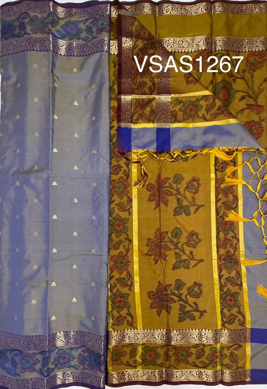 VSAS1267 - violet with blue color body , mustard color pallu , blouse.