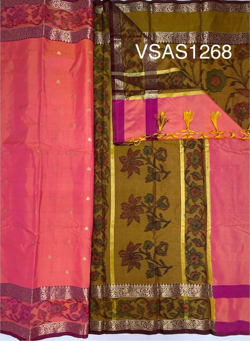 VSAS1268 - pinkish orange color body , mehandi green color pallu , blouse.