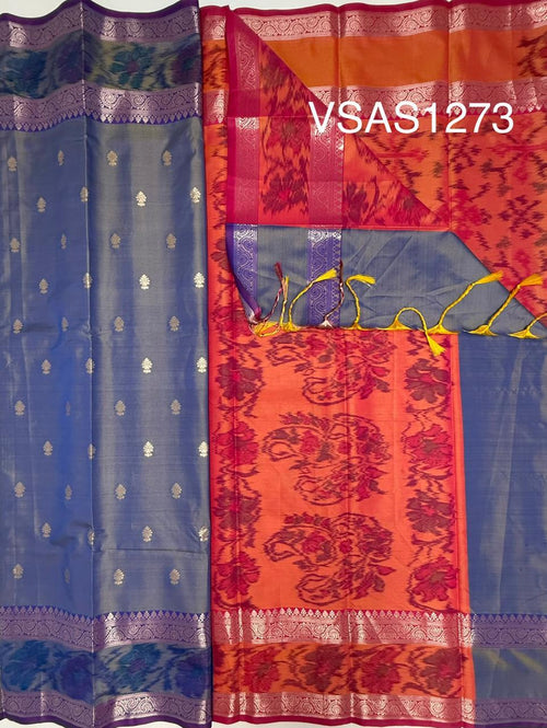 VSAS1273 - vioelt wiht blue color body , pinkish orange color pallu , blouse.