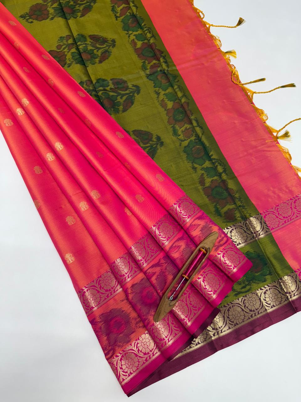VSAS1274 - pinkish orange color body , mehandi green color pallu , blouse.