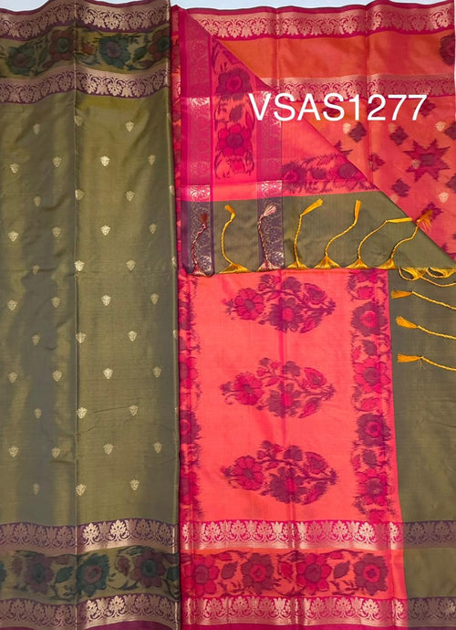 VSAS1277 - mehandi green color body , pinkish orange color pallu , blouse.