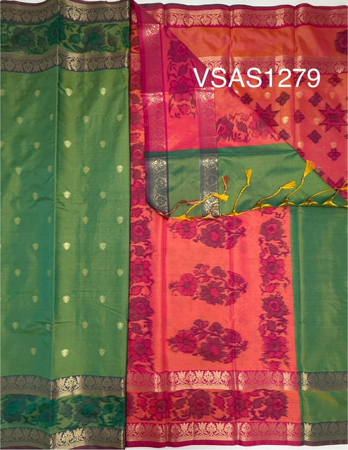 VSAS1279 - dual green color body , pinkish orange color pallu , blouse.