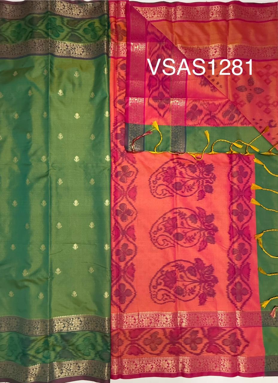 VSAS1281 - dual green color body , pinkish orange color pallu , blouse.