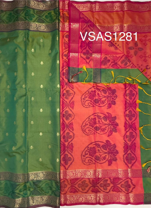 VSAS1281 - dual green color body , pinkish orange color pallu , blouse.