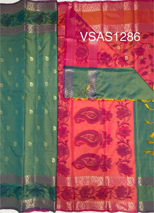 VSAS1286 - dual green color body , pinkish orange color pallu , blouse.