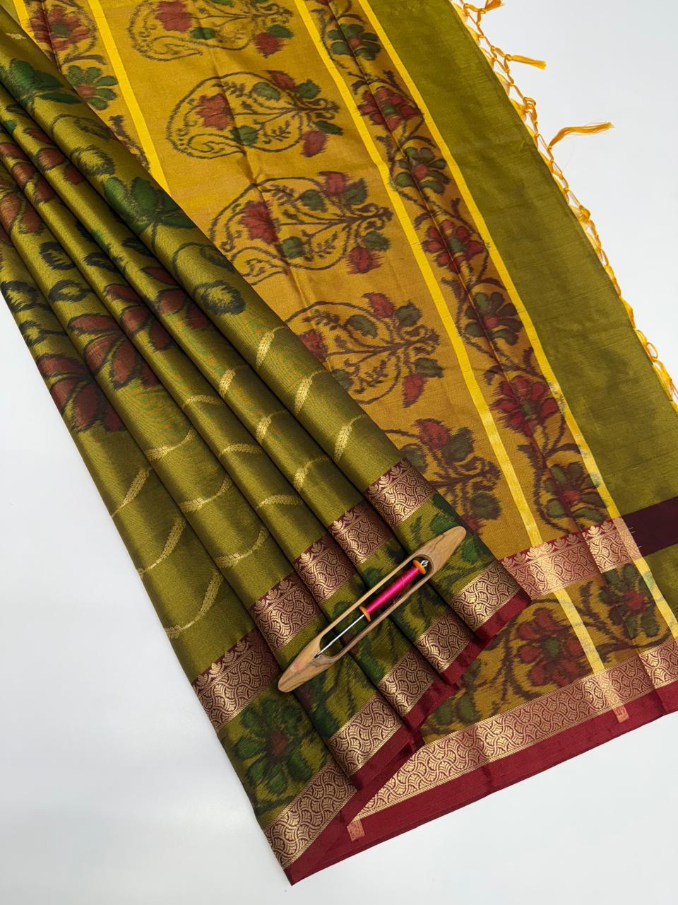 VSAS1300 - mehandi green color body , mustard color pallu , blouse.