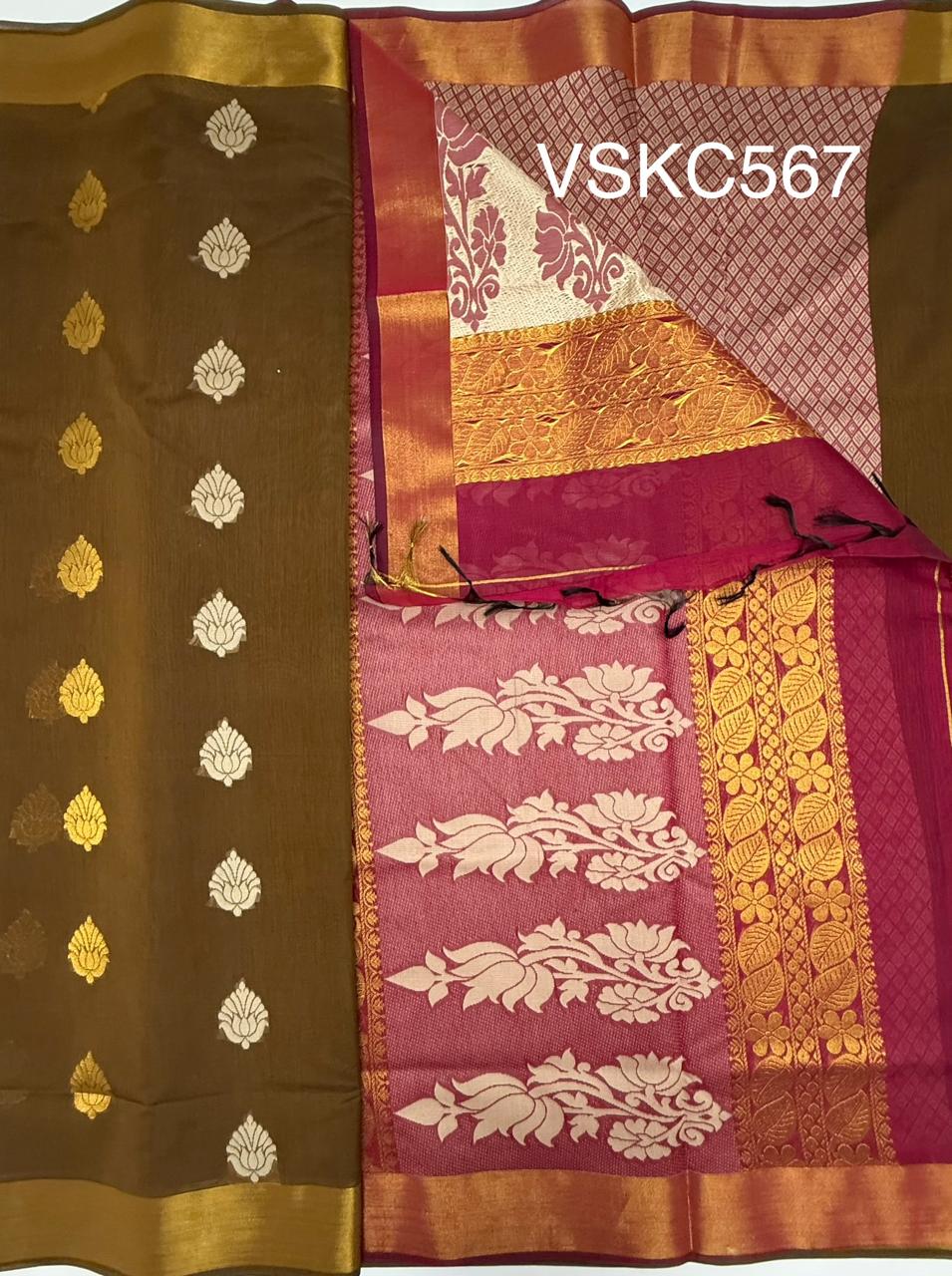 VSKC567 - cow dung green color body , purple color pallu , blouse.