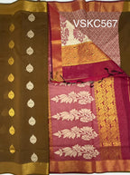 VSKC567 - cow dung green color body , purple color pallu , blouse.