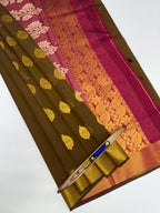 VSKC567 - cow dung green color body , purple color pallu , blouse.