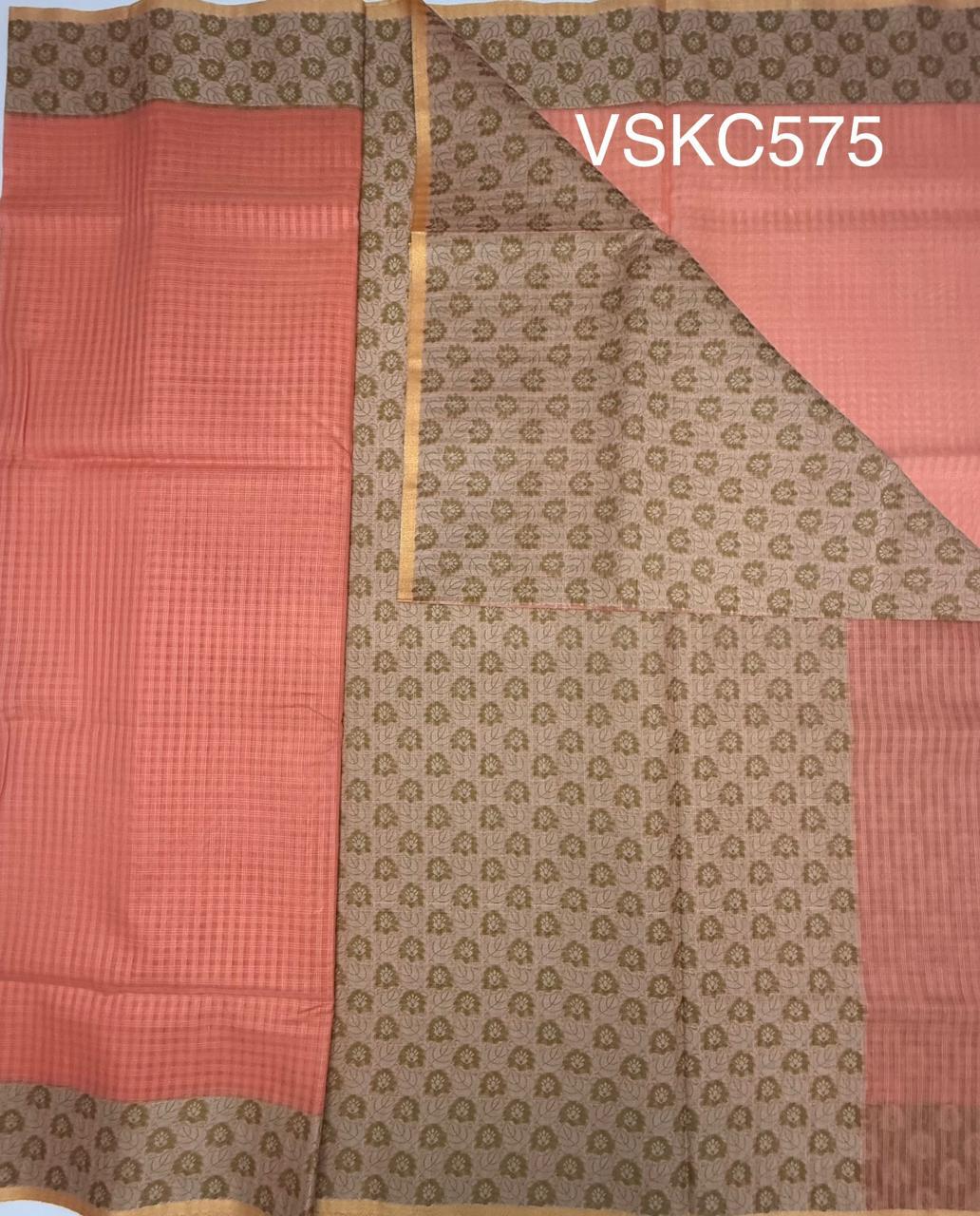VSKC575 - peach color body , green with sandal color pallu , blouse.