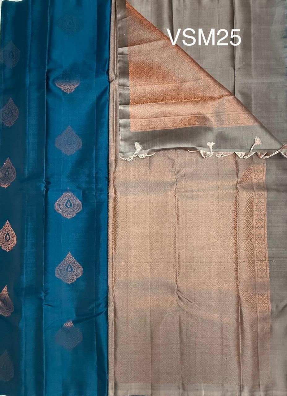 VSM25 - peacock blue color body , peach with black color pallu , blouse&nbsp;
