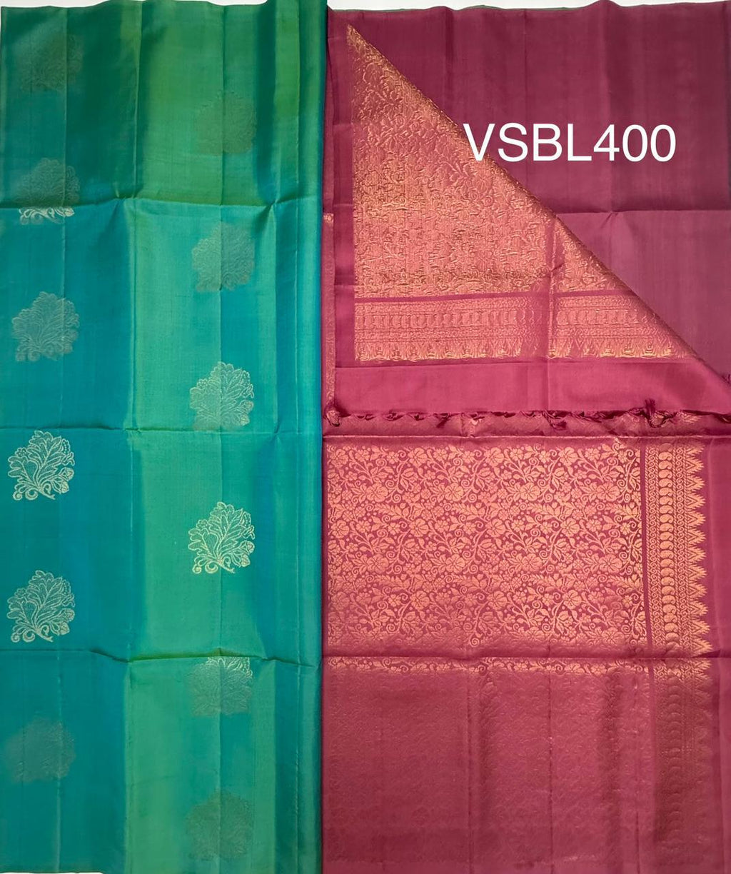 VSBL400 - blue with green color body , dusky pink color pallu , blouse - Pure silk saree