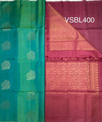 VSBL400 - blue with green color body , dusky pink color pallu , blouse - Pure silk saree