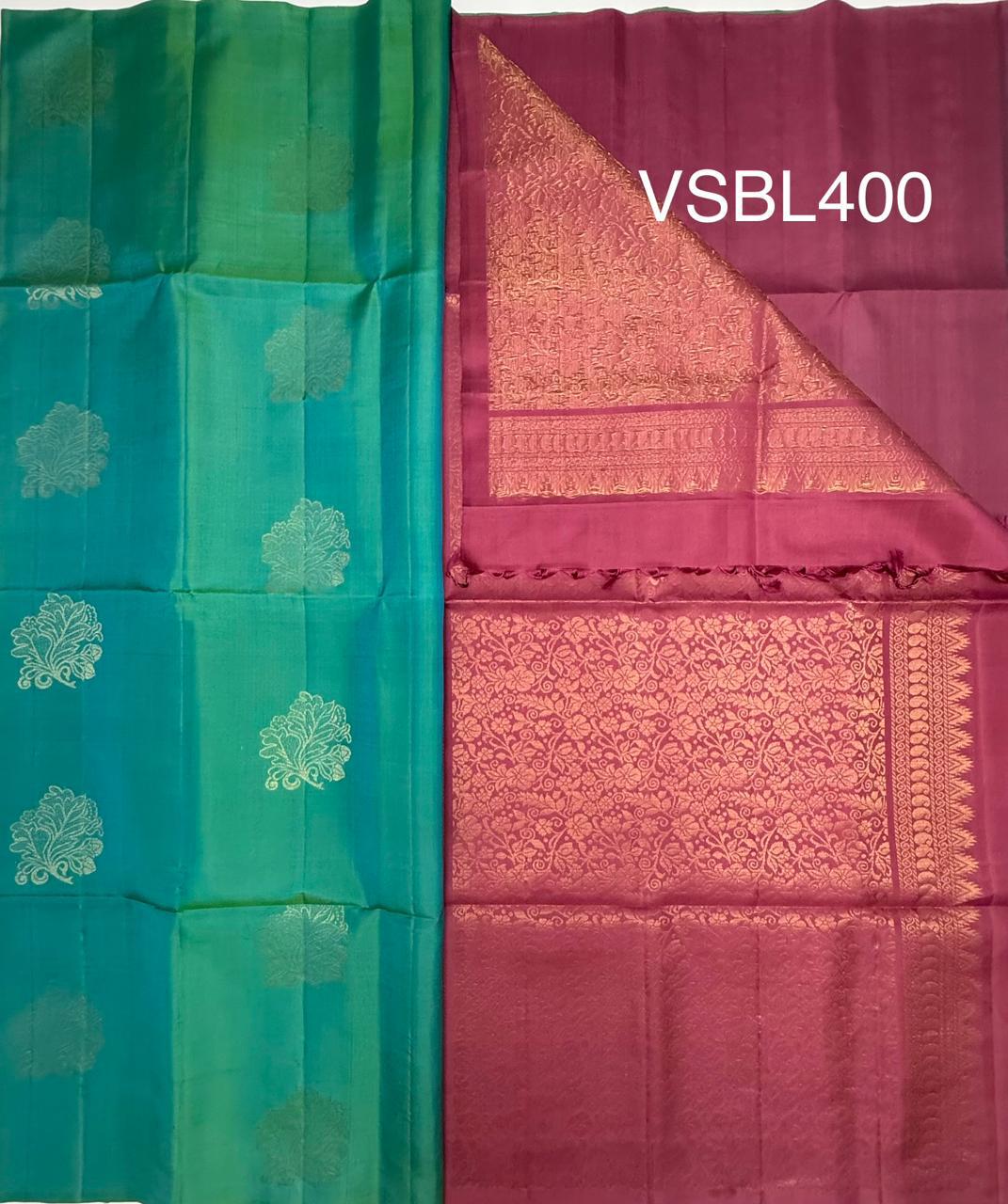 VSBL400 - blue with green color body , dusky pink color pallu , blouse - Pure silk saree