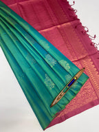 VSBL400 - blue with green color body , dusky pink color pallu , blouse - Pure silk saree