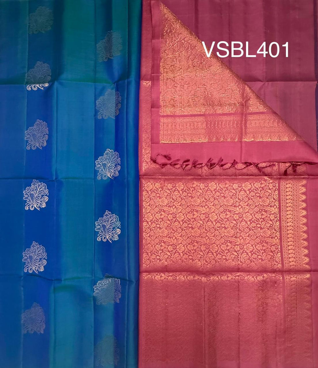 VSBL401 - peacock blue color body , dusky pink color pallu , blouse - Pure silk saree