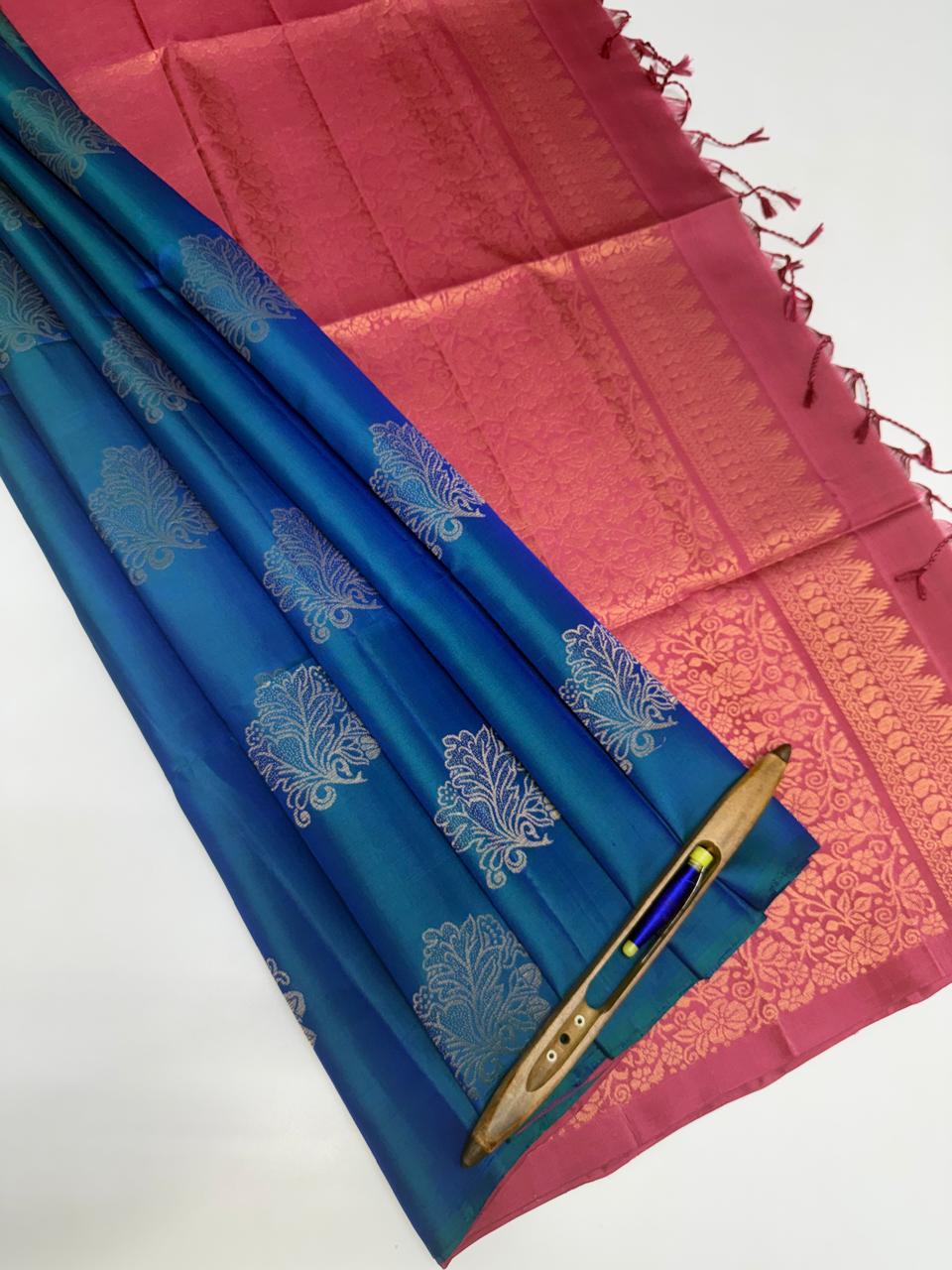 VSBL401 - peacock blue color body , dusky pink color pallu , blouse - Pure silk saree