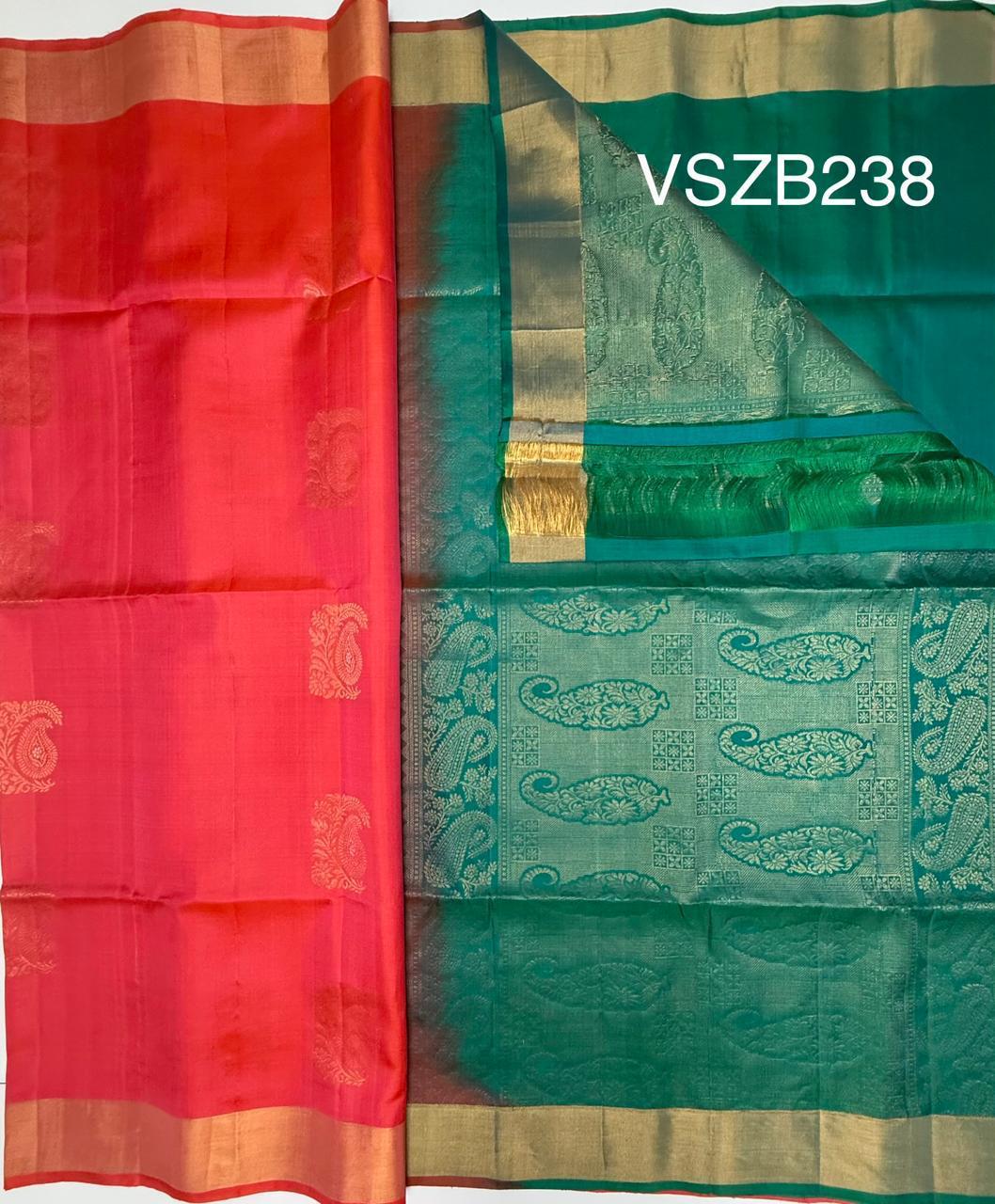 VSZB238 - orange with pink color body , dual green color pallu , blouse - Pure silk saree