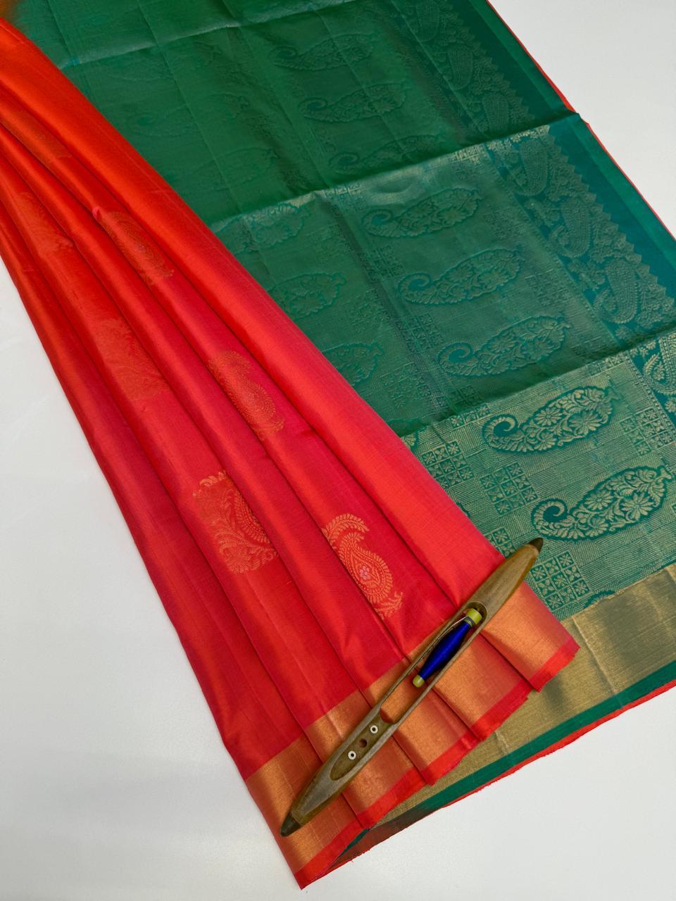 VSZB238 - orange with pink color body , dual green color pallu , blouse - Pure silk saree