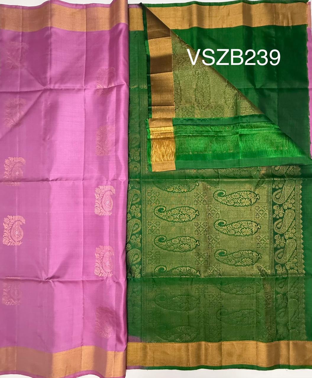 VSZB239 - milk rose color body, leaf green color pallu , blouse - Pure silk saree