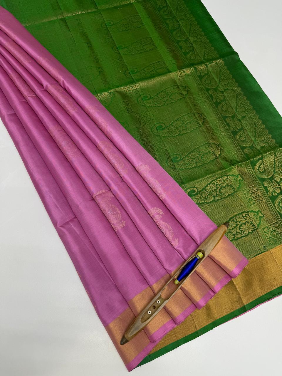 VSZB239 - milk rose color body, leaf green color pallu , blouse - Pure silk saree