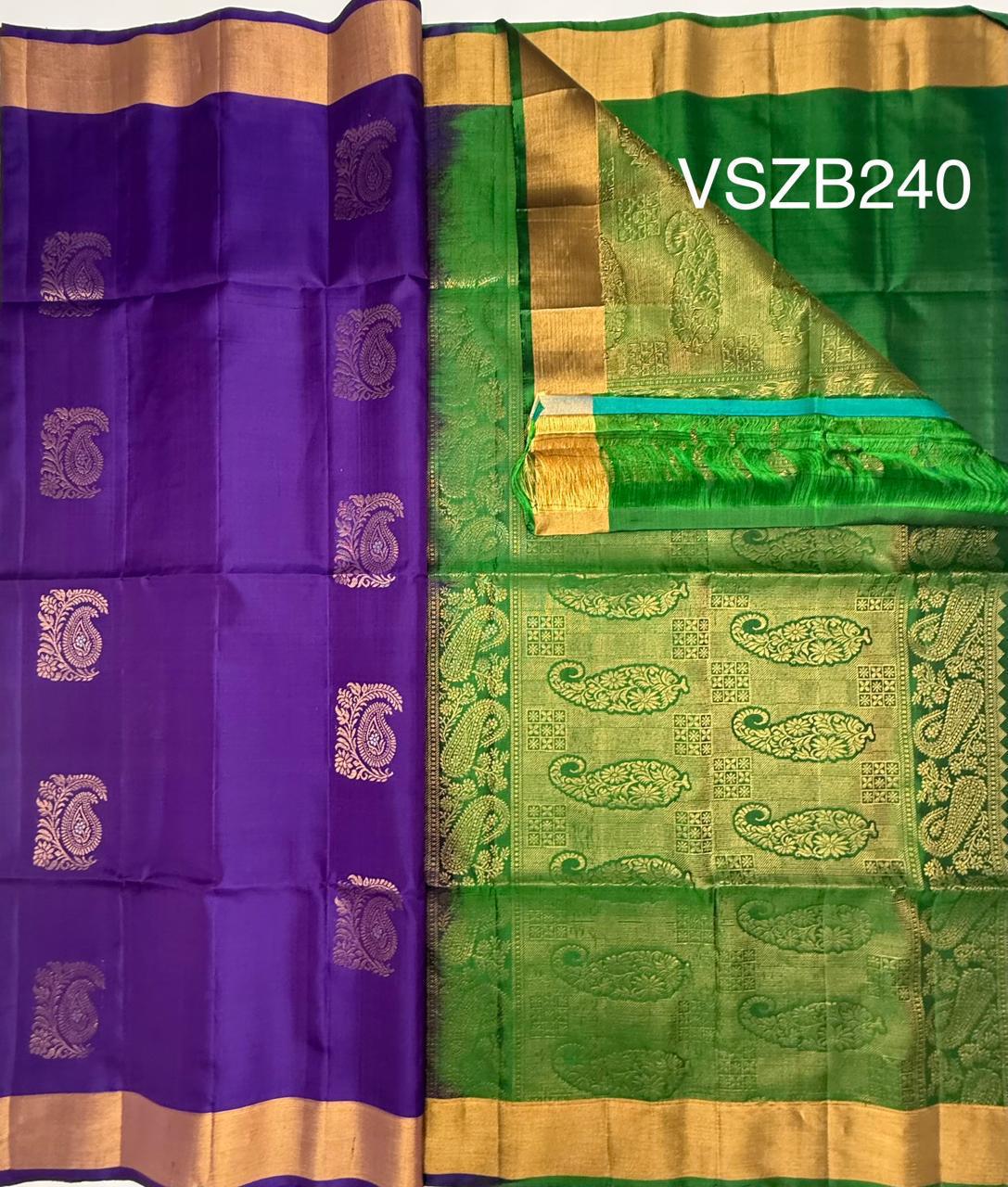 VSZB240 - violet color body , leaf green color pallu , blouse - Pure silk saree