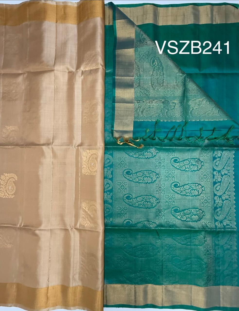 VSZB241 - sandal color body , peacock blue color pallu , blouse - Pure silk saree