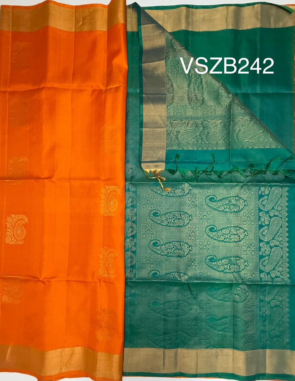 VSZB242 - orange color body , peacock blue color pallu , blouse - Pure silk saree