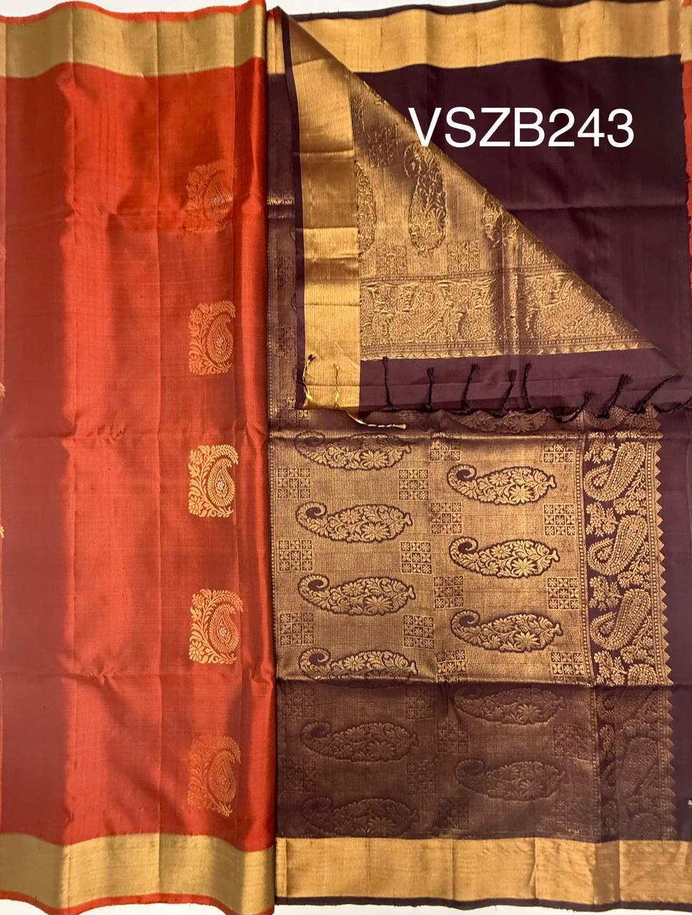 VSZB243 - rust orange color body , dark brown color pallu , blouse - Pure silk saree