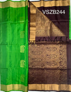 VSZB244 - green color body , dark brown color pallu , blouse - Pure silk saree