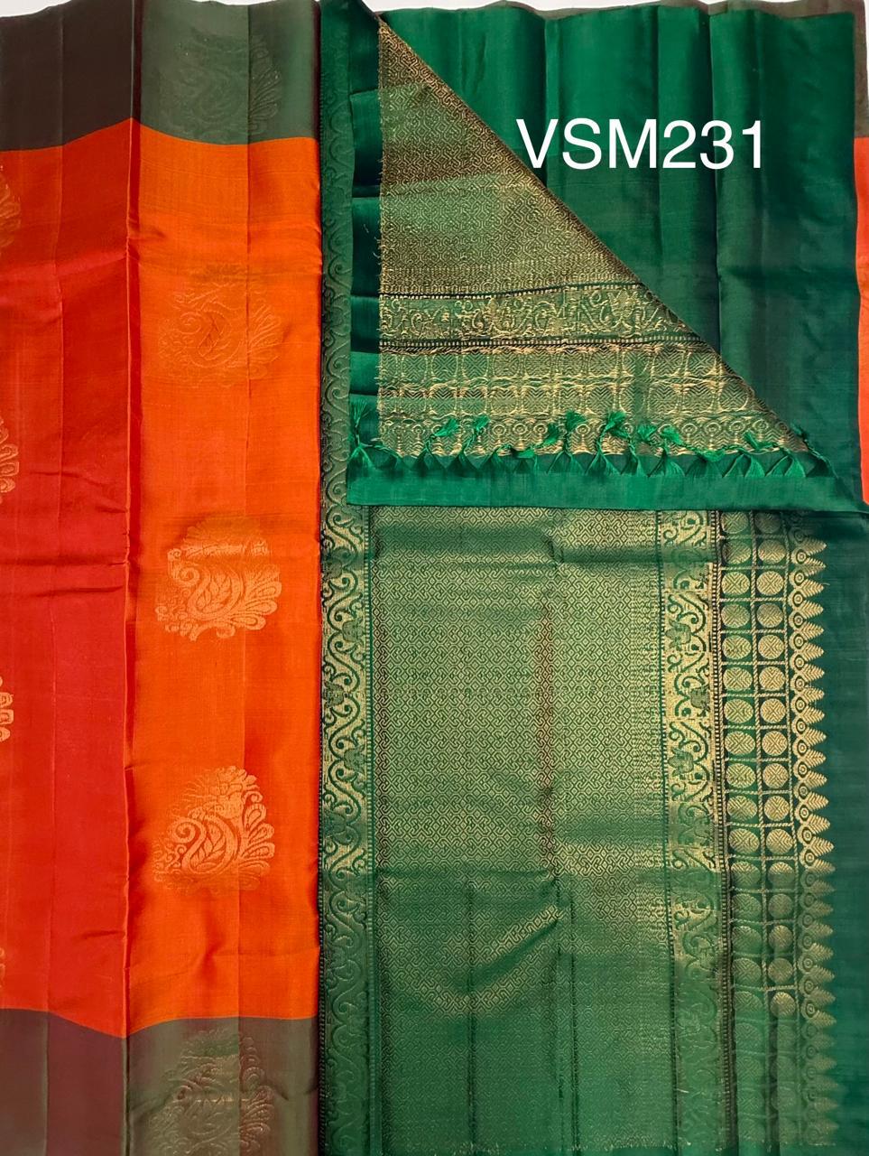 VSM231 - orange color body , leaf green color pallu , blouse&nbsp;
