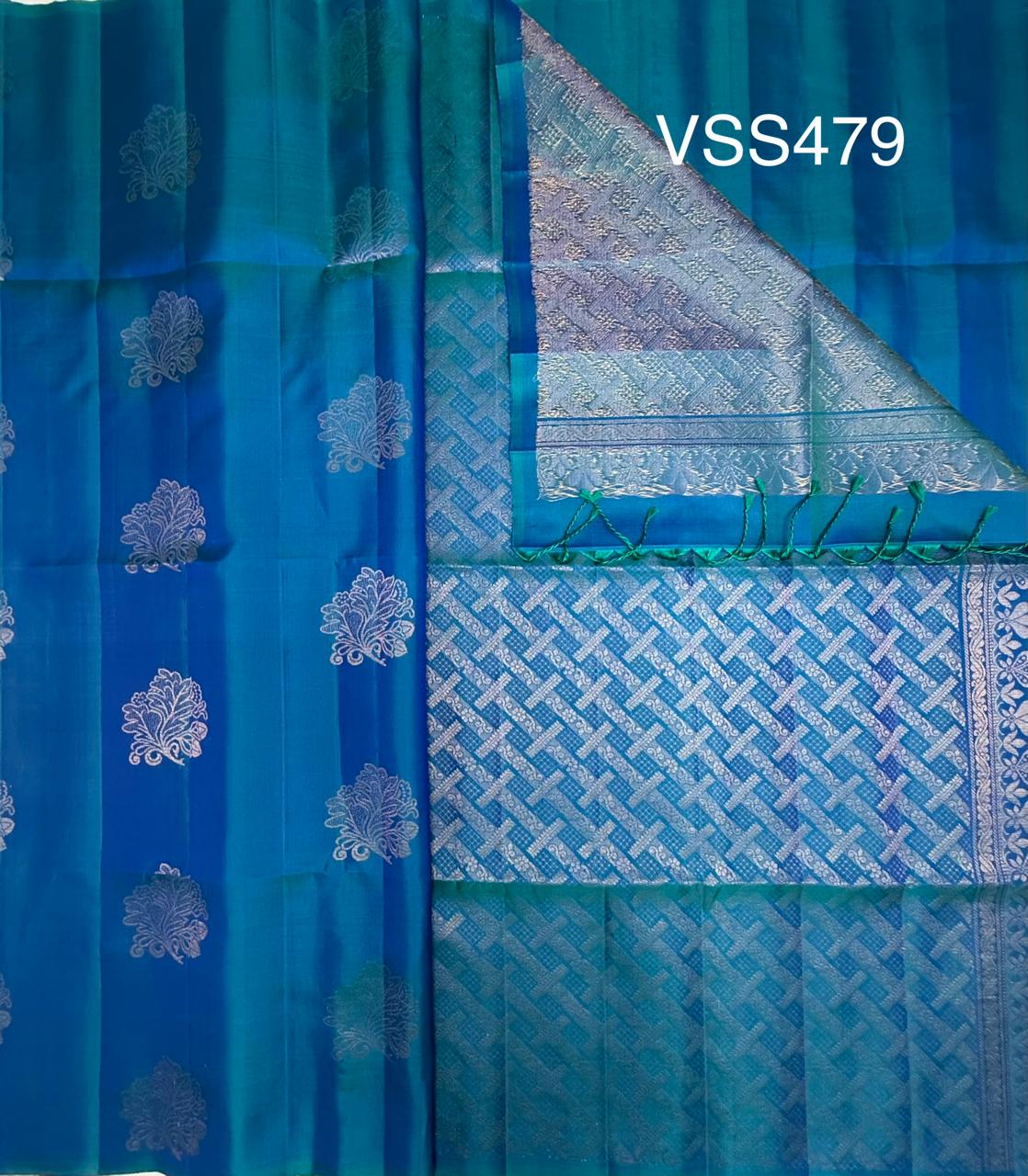 VSS479 - peacock blue color body, pallu , blouse pure silk saree