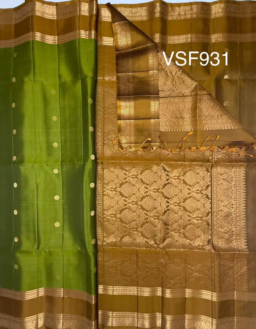 VSF931 - mehandi green color body , mustard color pallu,blouse - Pure silk saree