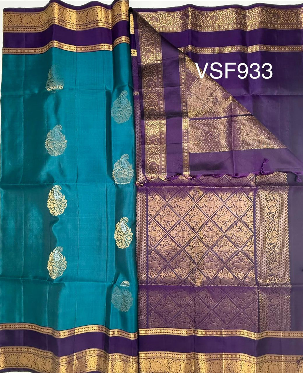 VSF933 - peacock blue color body &amp;,violet color pallu,blouse - Pure silk saree