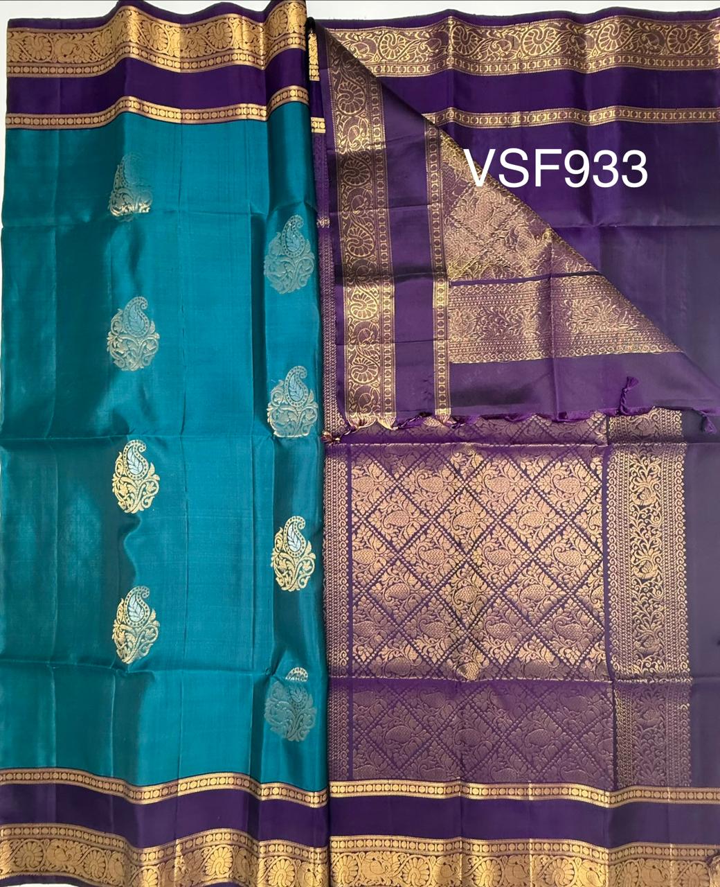 VSF933 - peacock blue color body &amp;,violet color pallu,blouse - Pure silk saree