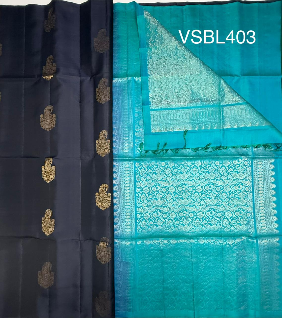 VSBL403 - dark navy blue color body , peacock green color pallu , blouse - Pure silk saree