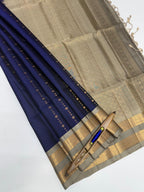 VSF937 - navy blue color body , beige color pallu,blouse - Pure silk saree