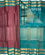 VSF939 - onion pink color body ,&nbsp; peacock blue color pallu,blouse - Pure silk saree