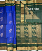 VSF940 - blue color body ,&nbsp; bottle green color pallu,blouse - Pure silk saree