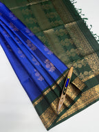 VSF940 - blue color body ,&nbsp; bottle green color pallu,blouse - Pure silk saree