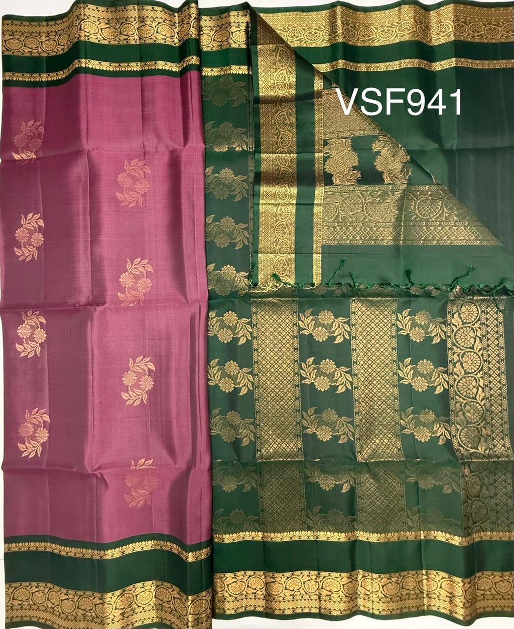 VSF941 - chocolate brown color body ,&nbsp; bottle green color pallu,blouse - Pure silk saree