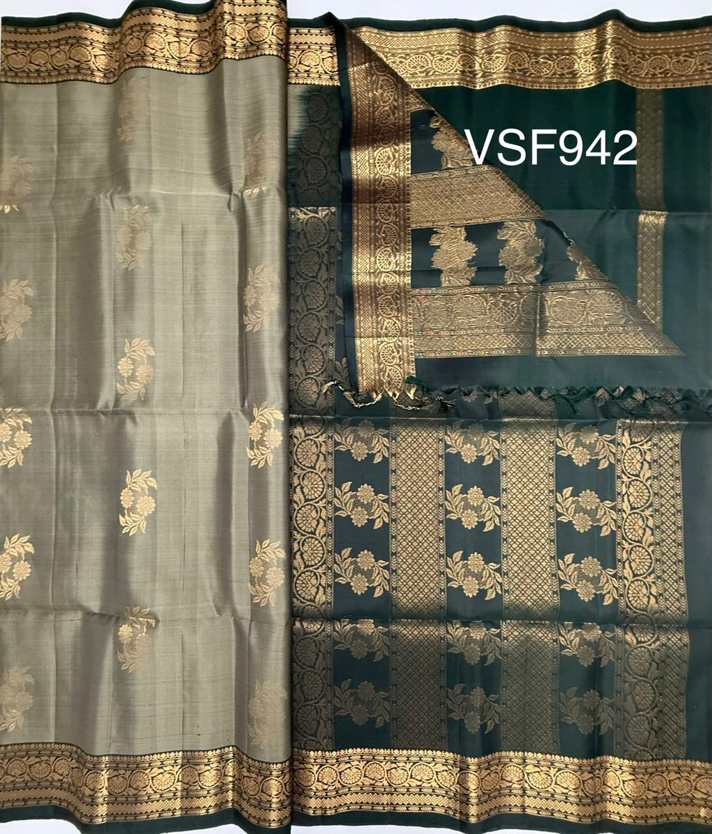 VSF942 - pastel green color body ,&nbsp; bottle green color pallu,blouse - Pure silk saree