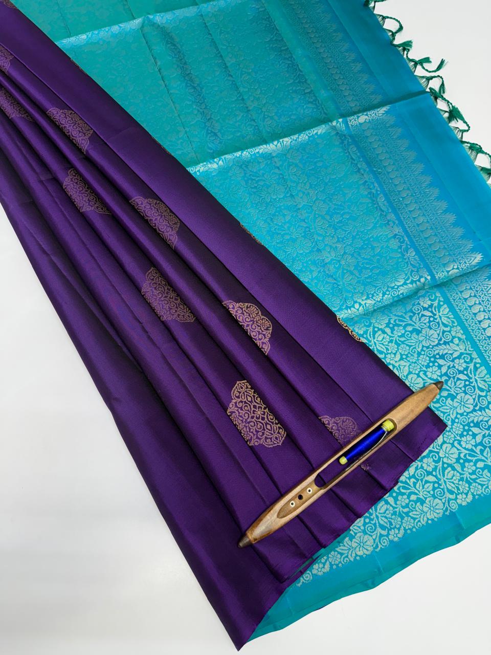VSBL404 - violet color body , peacock green color pallu , blouse - Pure silk saree