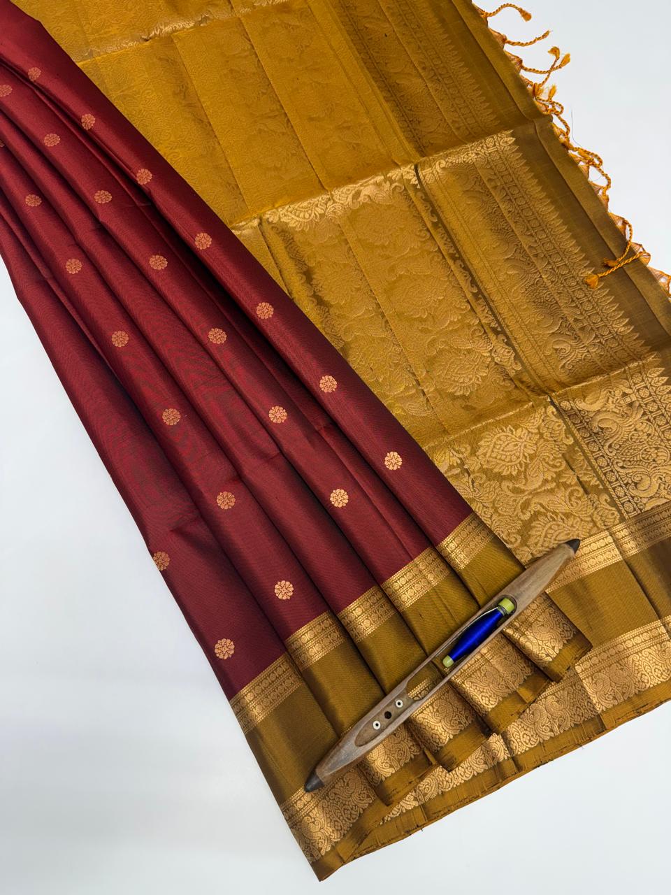 VSF928 - brick red color body , mustard color pallu,blouse - Pure silk saree