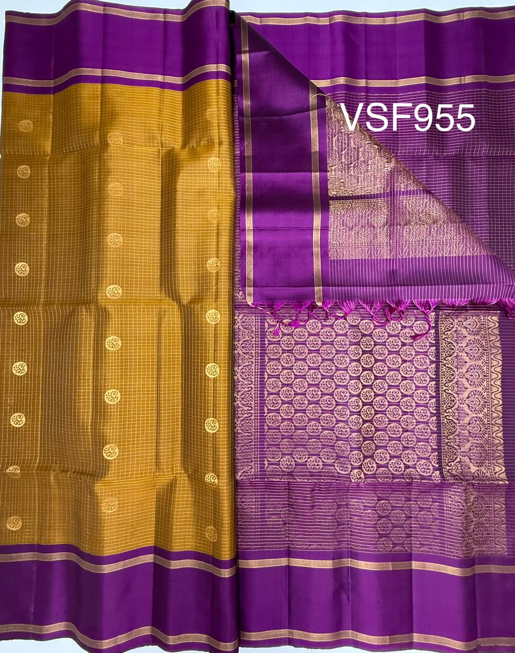VSF955 - mustard color body ,&nbsp; purple color pallu,blouse - Pure silk saree