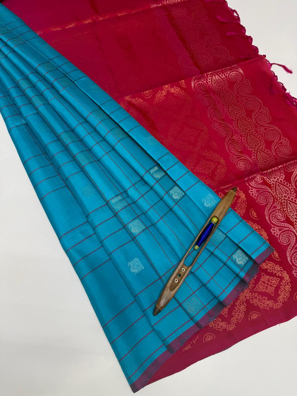 VSF961 - sky blue color body ,&nbsp; pink color pallu,blouse - Pure silk saree