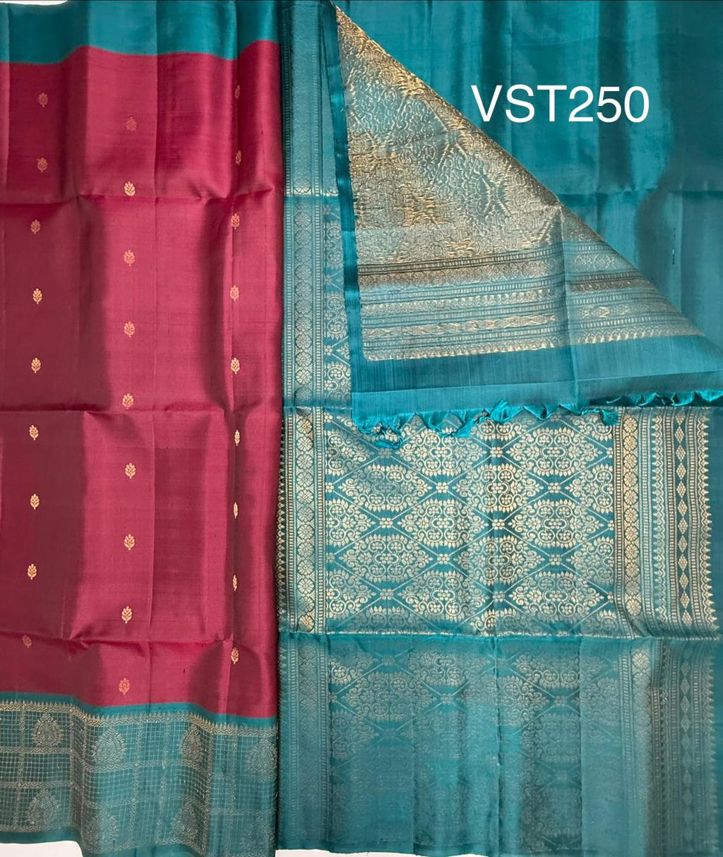 VST250 - dark purple color body , peacock blue color pallu , blouse - Pure silk saree