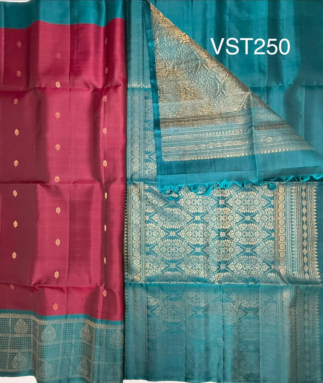 VST250 - dark purple color body , peacock blue color pallu , blouse - Pure silk saree