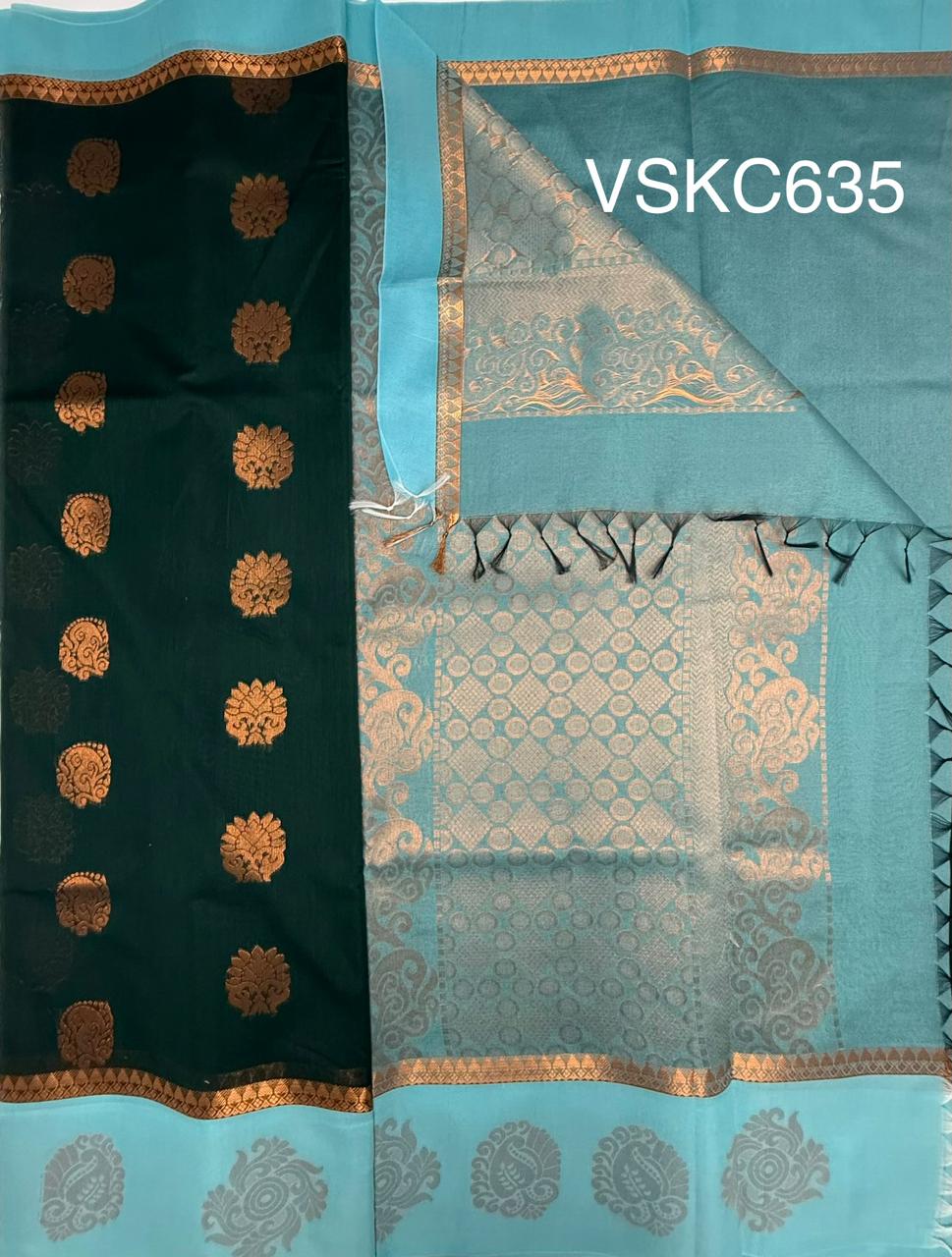 VSKC635 - bottle green color body , sky blue color pallu , blouse.