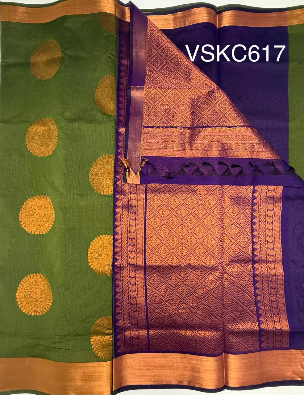 VSKC617 - leaf green color body , violet color pallu , blouse.